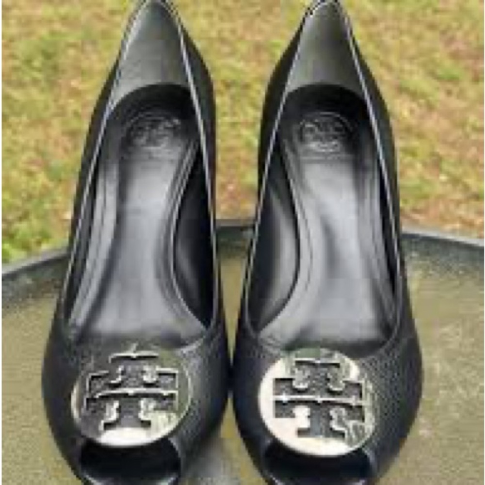 Tory Burch Black Peep-Toe Heels with Silver Logo